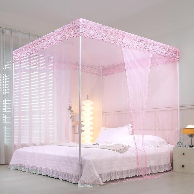 Bed Canopy, Princess Bed Curtain Net for Girls & Adults,Three-Doors Rectangle Lace Dome Netting (Baby Pink, King)