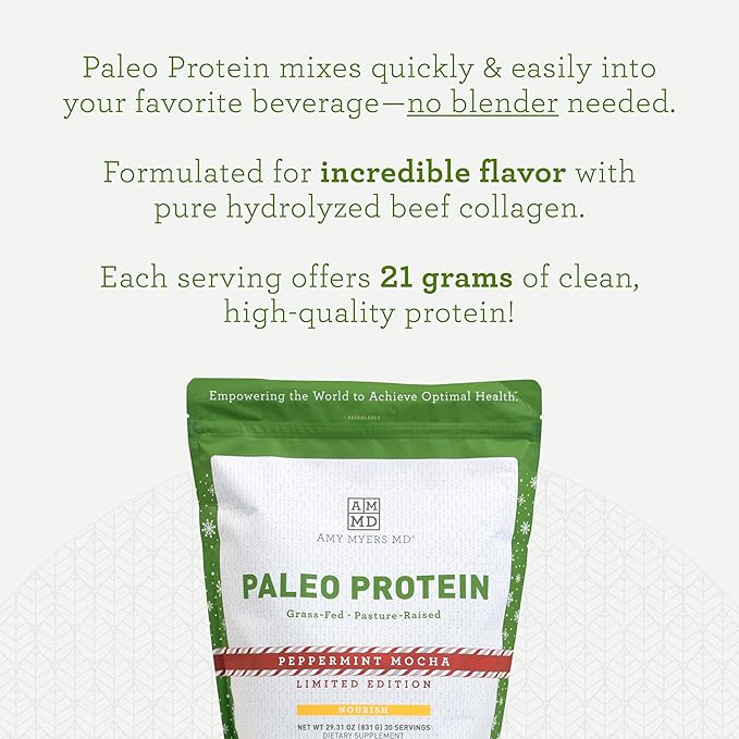 Amy Myers MD Pure Paleo Protein Powder - Clean Grass Fed Pasture Raised Protein - Hormone Free, Non-GMO, Gluten & Dairy Free - Perfect for Keto and Paleo - 29.31 Oz - Peppermint Mocha