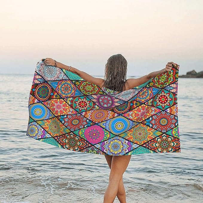 Beach Towel, Colorful Tribal Bohemian Mandala Beach Towel Oversized Sand Proof Absorbent, Quick-Dry Bath Pool Swim Towel for Shower Spa Vacation, 29.5” X 59”