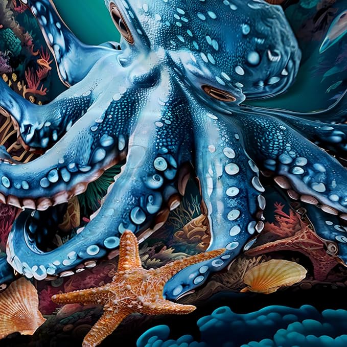 AILONEN Cartoon Blue Octopus Shower Curtain for Bathroom,Funny Octopus Bath Curtain for Kids,Boys,Girls,Ocean Animal Starfish Theme Waterproof Fabric Shower Curtain Set with Hooks,72" W*96" H