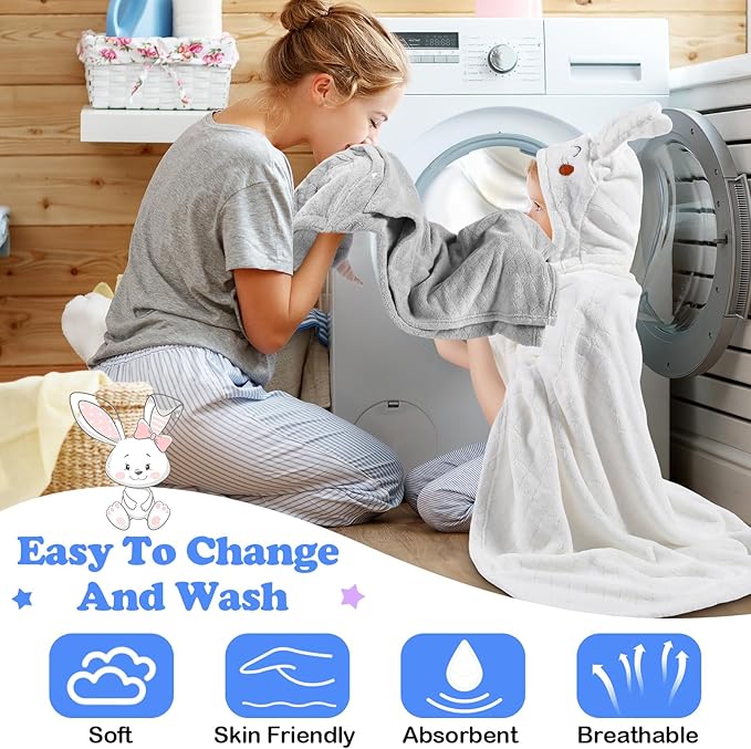 2 Pcs Toddler Hooded Bath Towel 50" x 32'' Thick Animal Hooded Towel for Kid Absorbent Baby Bath Towel Bathrobe Blanket for Boy Girls 0-5 Years(Light Grey, White, Unicorn, Rabbit)