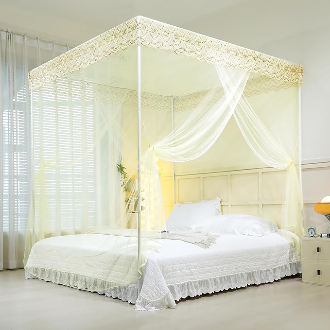 Bed Canopy, Princess Bed Curtain Net for Girls & Adults,Three-Doors Rectangle Lace Dome Netting (Yellow, King)
