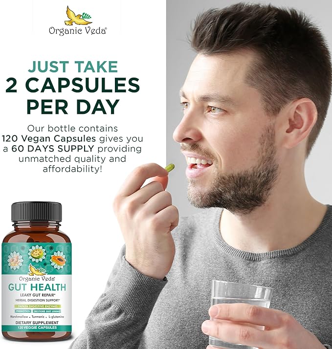 Organic Veda Gut Health Supplement - Leaky Gut Repair Capsules with Papaya Digestive Enzymes, Prebiotics, L-Glutamine, Turmeric - Support Bowel Movement & Cleanse Colon - 120 Count