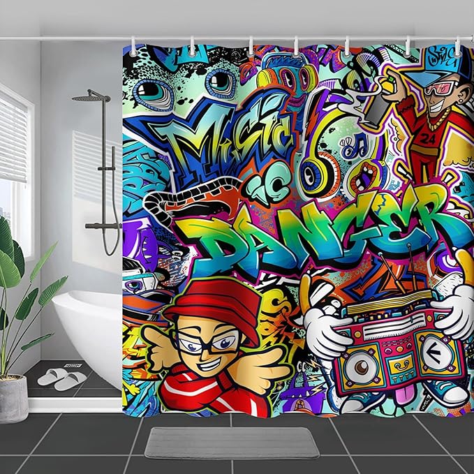AILONEN Hip Hop Graffiti Shower Curtain for Bathroom,Colorful Graffiti Music Dancer Bathroom Curtain for Kids Boys Girls,Bath Curtain 48" W*72" H Polyester Waterproof Bathroom Curtain with 12 Hooks