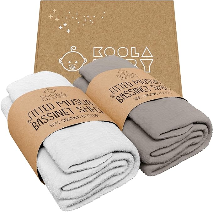 Bassinet Fitted Sheets - Compatible with Halo Bassinest Swivel Sleeper | 100% Organic Muslin Cotton - White + Grey | 30x16 (2 Pack)