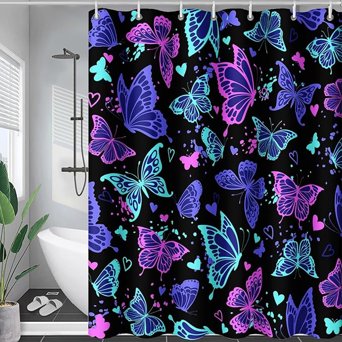 AILONEN Colorful Butterfly Shower Curtain, Butterfly Bath Curtain for Bathroom Decor,Polyester Waterproof with 12 Plastic Hooks 72" W*96" H