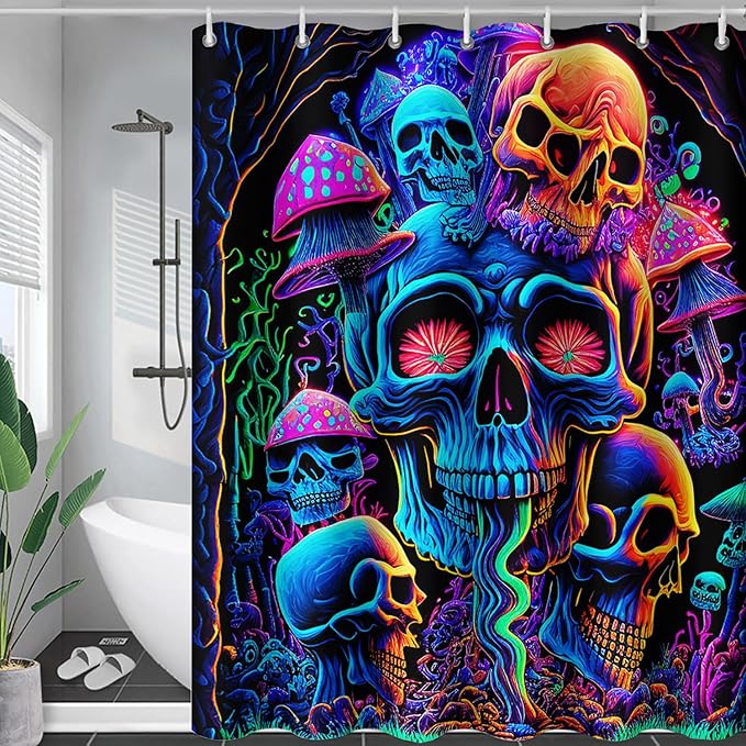 AILONEN Mushroom Skull Shower Curtain for Bathroom,Purple Mushroom Skull Bath Curtain,Fantasy Fairy Skull Skeleton Decoration Bathroom Waterproof Shower Curtain with 12 Plastic Hooks, 72" W*72" H