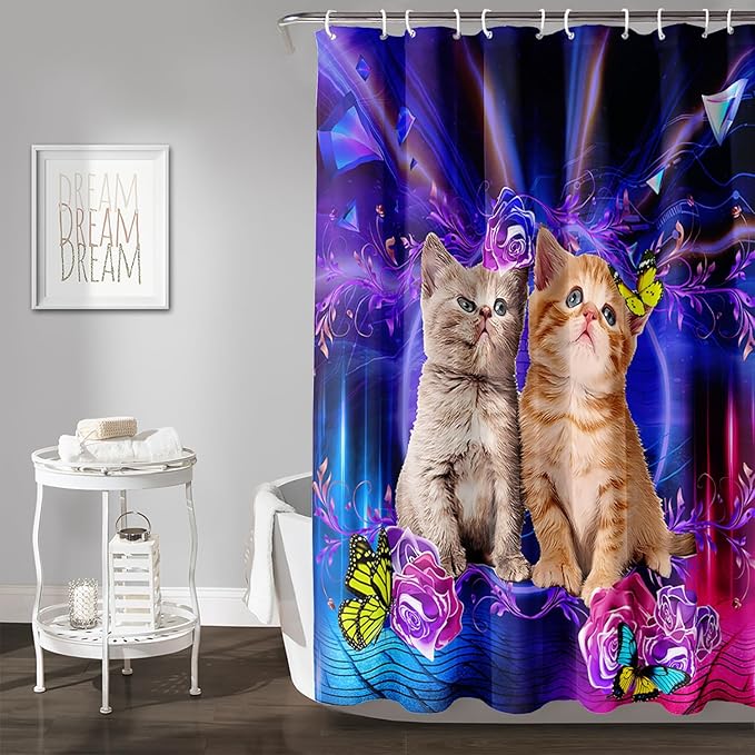 AILONEN 3D Cat Shower Curtain,Cute Kitten Shower Curtain Set for Kids Boys Girls,Cat Lovers Animal Shower Curtain for Bathroom,Rose with Butterfly Bath Curtain with Hooks,60" W*72" H