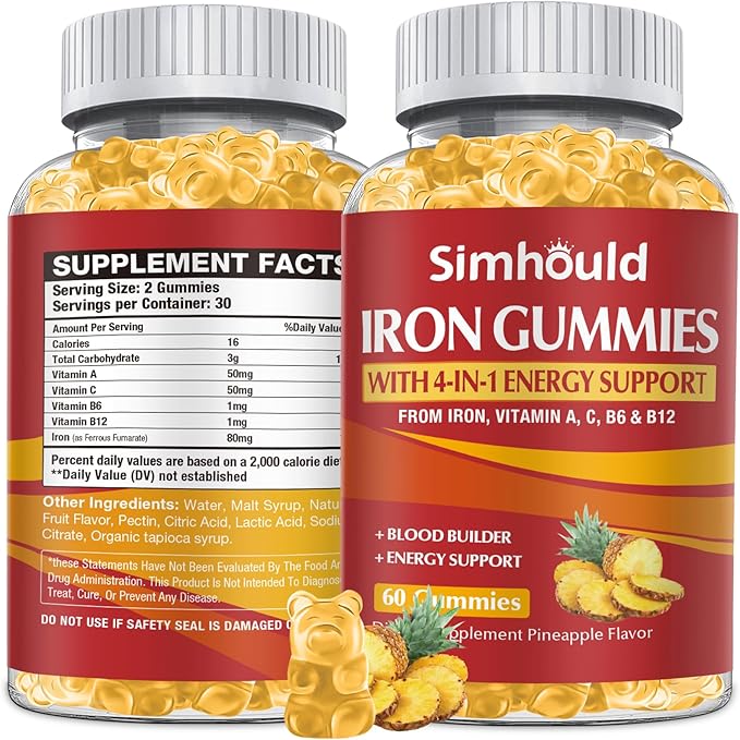 1 Pack Vegan 80MG Iron Supplement Gummies for Women & Men - Vitamin A, C, B for Adults & Kids - Blood Builder & Energy Support for Iron Deficiency, Anemia - 60 Counts Pineapple Flavor Gummies