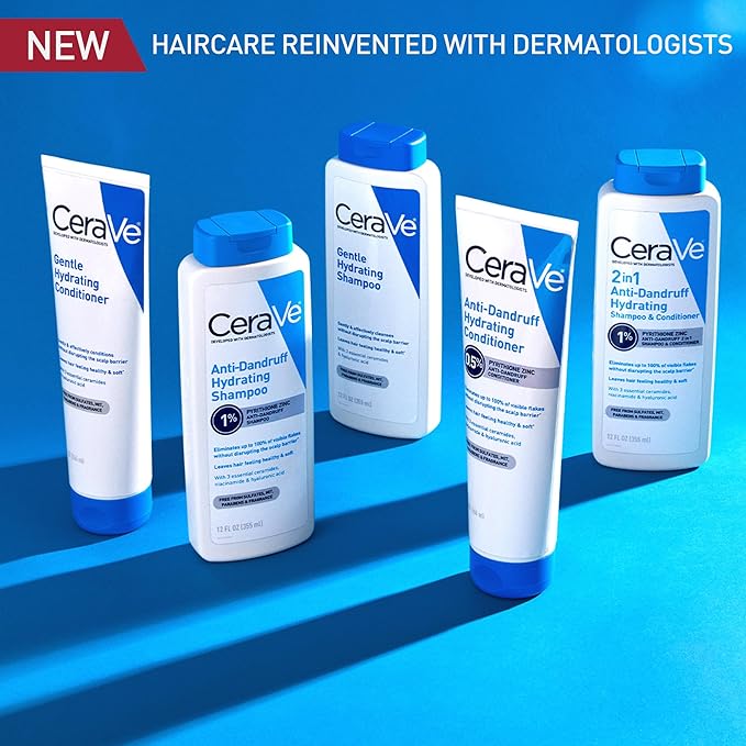 CeraVe 2 In 1 Hydrating Anti Dandruff Shampoo And Conditioner Twin Pack, 1% Pyrithione Zinc Dandruff Treatment Helps Eliminate Dandruff, Color Safe & Sulfate Free, 12 Fl Oz Each (Set of 2)