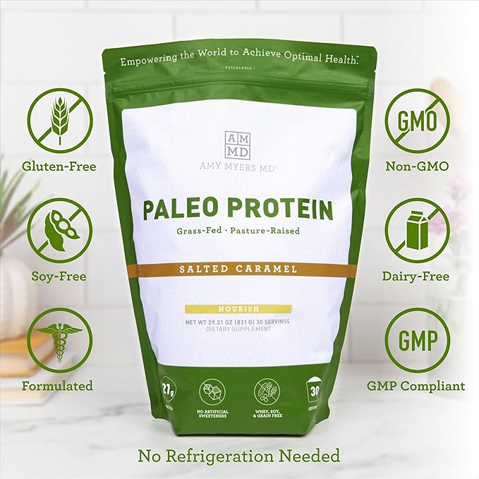 Amy Myers MD Pure Paleo Protein Powder - Clean Grass Fed Pasture Raised Protein - Hormone Free, Non-GMO, Gluten & Dairy Free - Perfect for Keto and Paleo - Salted Caramel - 29.31 oz (831 g)