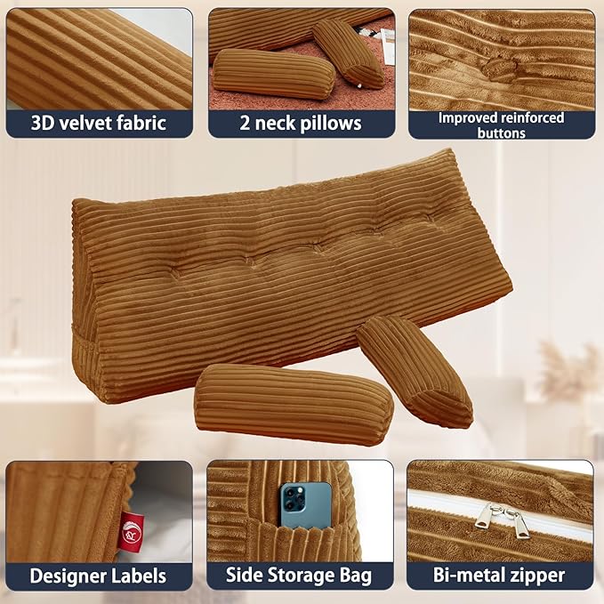 Headboard Wedge Pillow with 2 Pack Neck Roll Pillow Large Headboard Pillow Soft and Supportive Bed Rest Reading Pillows for Sitting in Bed with Removable Cover (Brown, King:76x8x20 Inches)