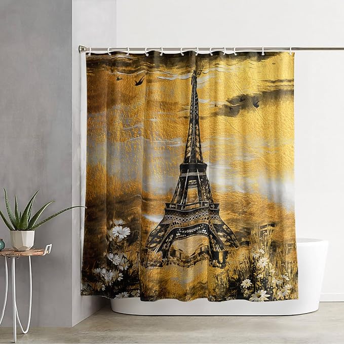 AILONEN Eiffel Tower Shower Curtain,Afterglow Tower Bathroom Fabric Shower Curtain for Boys Kids Teens, 72" W*72" H Vintage Orange & Black Style Paris Tower Bathroom Decor