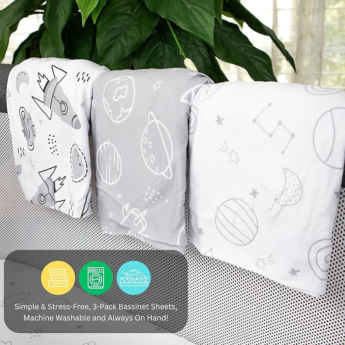 TansyPanda Bassinet Sheets for Bellababy, Besrey, AMKE, and Milliard Bedside Bassinet Sleeper, 3PC, 18 x 30 Inch, Ultra Soft, Breathable, Snug Fit, Unisex Boys, Girls, Gray White (Space Rockets)