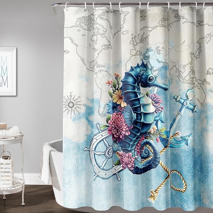 AILONEN Seahorse Shower Curtain for Bathroom,Nautical Coast Retro Map Ocean Bath Curtain 72" W*78" H,Blue Sea Animal Print Decorative Waterproof Curtain with 12 Plastic Hooks