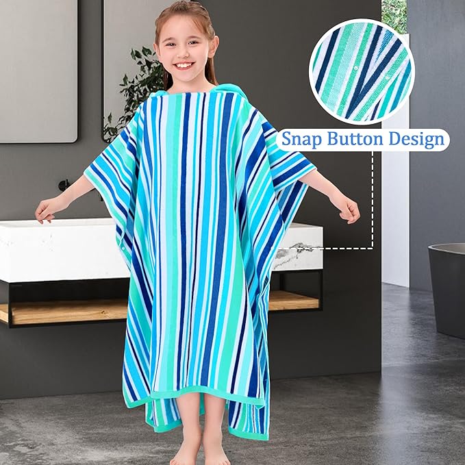VOOVA & MOVAS Teens Hooded Poncho Towels (8-16Years), 100% Cotton Thick Poncho Towel Robe for Kids, Perfect for Pool, Beach, Bath and Gifts,Blue Green Stripe