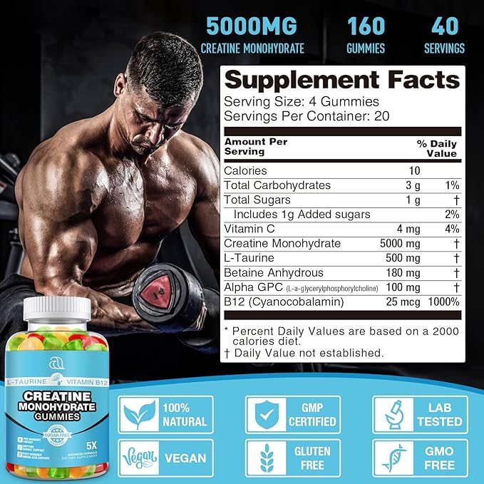 2 Pack Creatine Monohydrate Gummies 5000mg for Men & Women, 160 Count Chewable Creatine for Muscle Strength, Energy Boost, Muscle Builder, Creatine Supplement Made in USA
