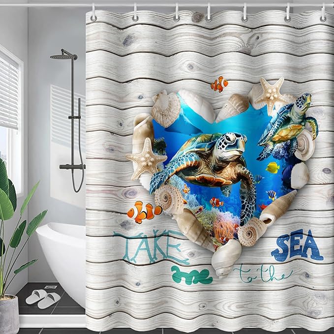 AILONEN 3D Printed Sea Turtle Shower Curtain, Ocean Coast Wooden Style Bathroom Curtain,Shell Turtle Bath Curtain,72" W*72" H Polyester Waterproof Bathroom Curtain with 12 Hooks