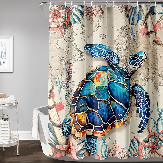 AILONEN Sea Turtle Shower Curtain, Retro World Map Voyage Coast Ocean Bath Curtain,Sea Turtle Bathroom Curtain Decor,Boys Adults Polyester Waterproof 48" W*72" H Shower Curtain (12 Hooks)