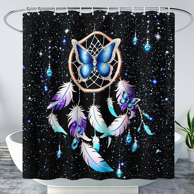 AILONEN Butterfly Dreamcatcher Shower Curtain, Blue Starry Galaxy Butterfly Bath Curtain,Dream Catcher Feather Print Waterproof Bathroom Curtain with 12 Plastic Hooks for Girls Women 72" W*84" H