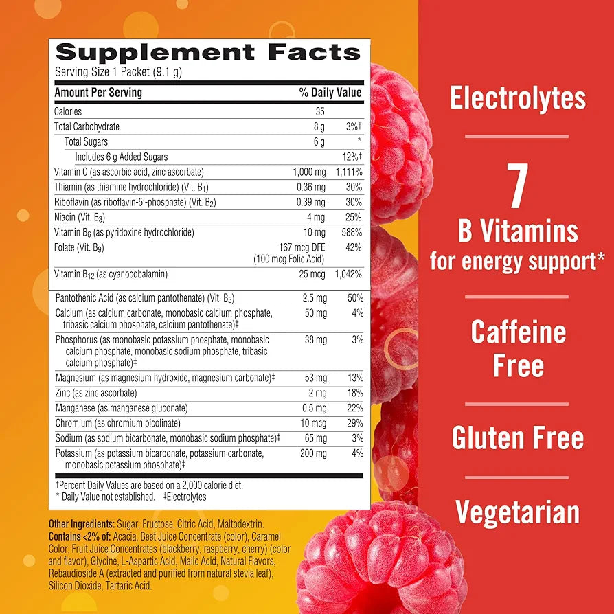 Emergen-C 1000mg Vitamin C Immune Support Powder Raspberry 30CT includes Zinc, Manganese, 7 B Vitamins and Electrolytes for Back to School Essentials