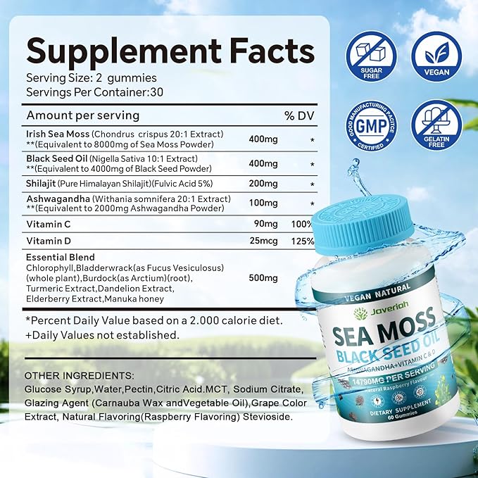 2Pack Supervegan Sea Moss Gummies with Black Seed Oil,Ashwagandha, Vitamin C&D for Immune Support, Digestive, Antioxidant 13 in 1 Bundle, Sea Moss Chlorophyll Advanced Strength Formula 120 Gummies