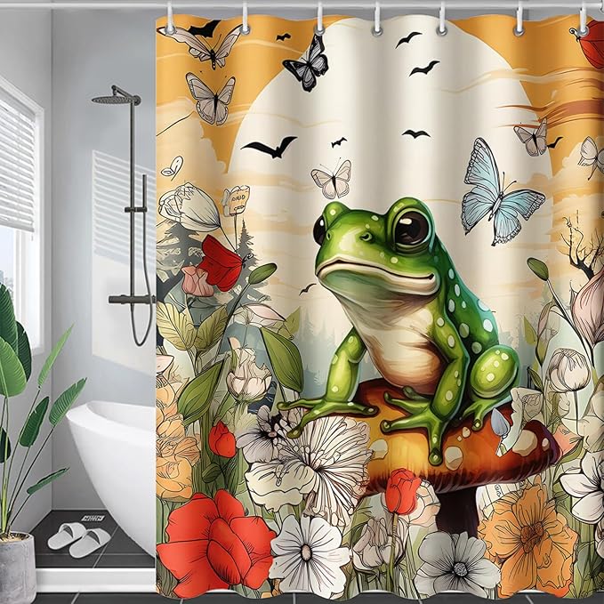 AILONEN Cartoon Frog Waterproof Shower Curtain,Nature Plant Fungus Flower Frog Bath Curtain,Fantasy Sunset Abstract Yellow Bathroom Curtain Decor 72" W x 96" H