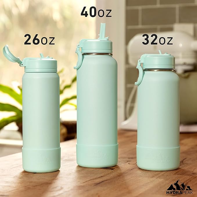 Hydrapeak 32oz Sport Insulated Water Bottle with Straw or Chug Lid, Leak & Spill Proof, Keeps Drinks Cold for 24 Hours, Hot for 12 Hours, Premium Stainless Steel Water Bottles (32oz, Pale Sage)