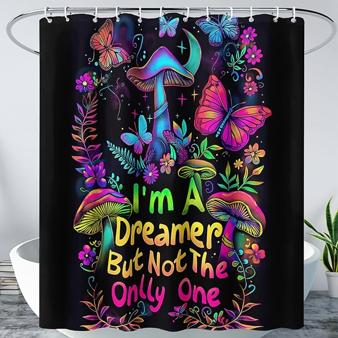 AILONEN Mushroom Shower Curtain,Colorful Butterfly Flower Decoration,Polyester Fabric,Waterproof,Botanical Fungus Plants Black Bath Curtains Washable,with 12 Plastic Hooks, 60" W x 72" H