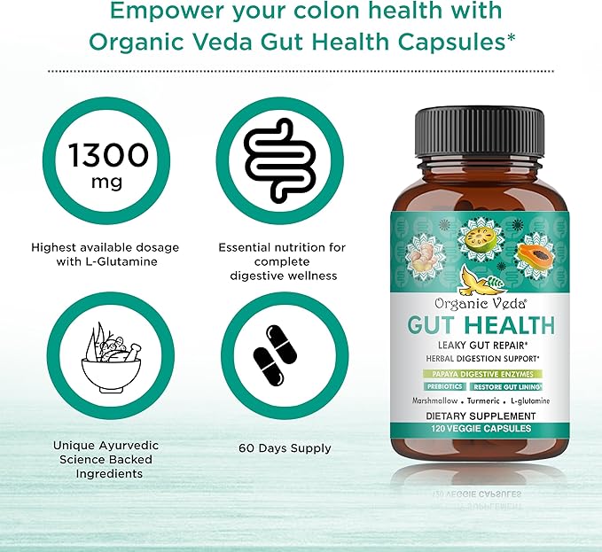 Organic Veda Gut Health Supplement - Leaky Gut Repair Capsules with Papaya Digestive Enzymes, Prebiotics, L-Glutamine, Turmeric - Support Bowel Movement & Cleanse Colon - 120 Count