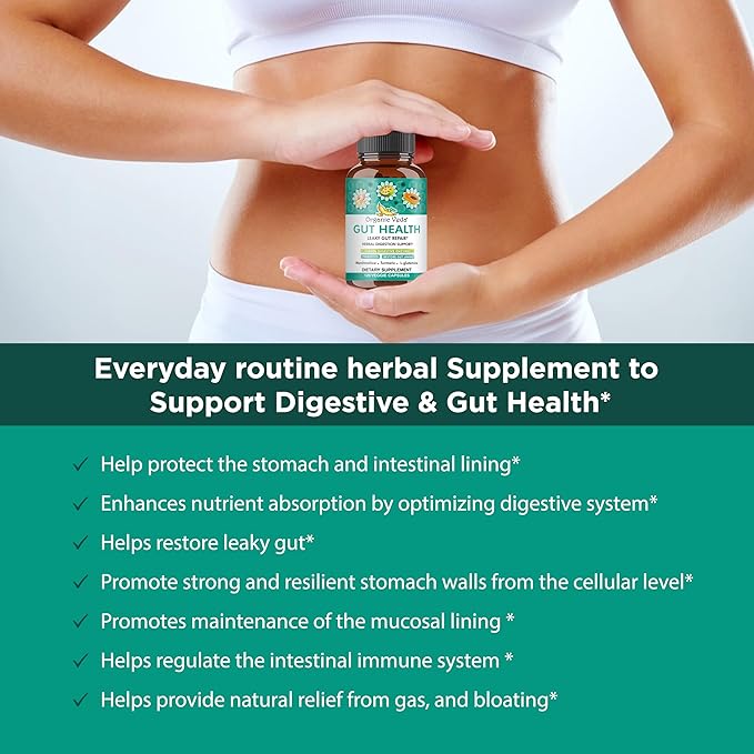 Organic Veda Gut Health Supplement - Leaky Gut Repair Capsules with Papaya Digestive Enzymes, Prebiotics, L-Glutamine, Turmeric - Support Bowel Movement & Cleanse Colon - 120 Count