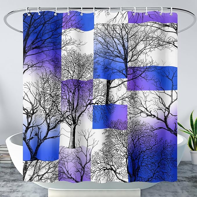 AILONEN Blue and White Tree Abstract Shower Curtain,Minimalist Printed Plant Tree Arts Bath Curtain,Modern Boho Waterproof Curtain for Bathroom Decor, 72" W x 72" H
