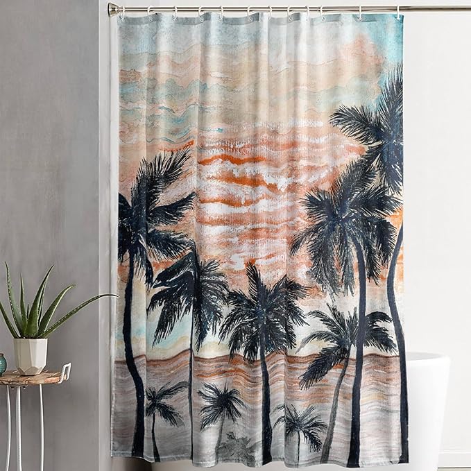 AILONEN Beach Shower Curtain,Retro Afterglow Bathroom Shower Curtain Sets for Girls Boys Teens Women, 60" W*72" H Sunset Coconut Tree Theme Bathroom Decors