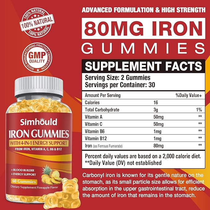 1 Pack Vegan 80MG Iron Supplement Gummies for Women & Men - Vitamin A, C, B for Adults & Kids - Blood Builder & Energy Support for Iron Deficiency, Anemia - 60 Counts Pineapple Flavor Gummies