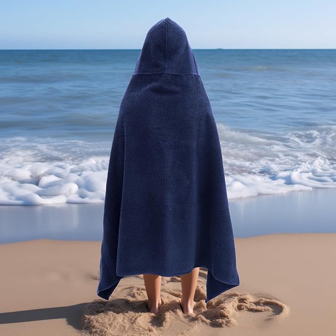 Hooded Bath Towel Wrap - 100% Cotton Popcorn Large Oversized Hooded Kids Towel - Toddler Shower Pool Beach Towel - 600 GSM - Soft Absorbent Quick Dry Easy Care Gift - 30x52 inches - Navy