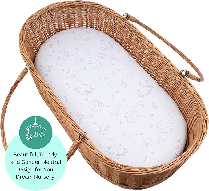 Bassinet Sheets for Dream On Me Karley, Plus, Lacy, Small Regalo Basics, Baby Delight Slumber, Snuggle Nest, Graco Carry Cot, 3 Pack, 16 x 32, Ultra Soft, Unisex Boys Girls, Gray (Space Rockets)