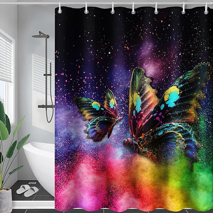 AILONEN Butterfly Shower Curtain for Bathroom, Rainbow Butterfly Bath Curtain,Modern 3D Printed Waterproof Tie Dye Shower Curtain with 12 Plastic Hooks (Kids/Girls/Women/Teen/) 72" W*78" H