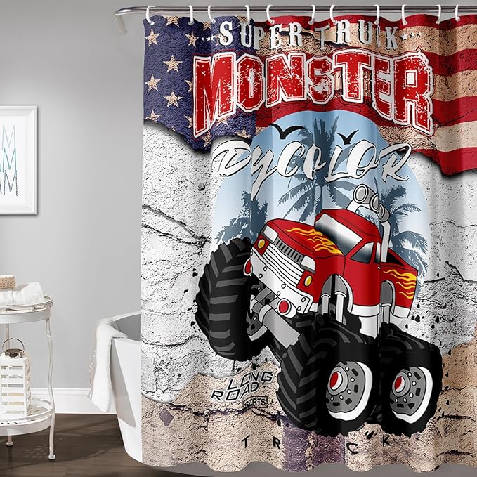 AILONEN Monster Truck Shower Curtain, American Flag Truck Bath Curtain for Boys,Red Truck Car Bathroom Decor Waterproof Fabric 72" W*72" H Inch with 12 Plastic Hooks