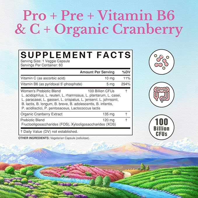 Vitalitown Women’s Probiotics | 100 Billion CFUs 18 Strains | Prebiotics, VC & B6, Cranberry | Shelf Stable | Vaginal, Urinary, Digestive & Mood Support | 60 Vegan Caps