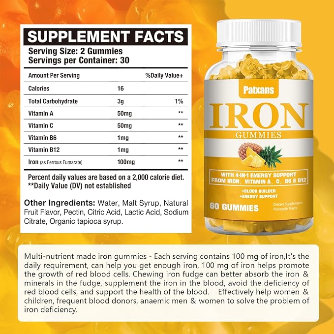 2 Packs 100MG Iron Supplement Gummies for Women & Men - with Vitamin A, C, B - Blood Builder & Energy Support for Iron Deficiency, Anemia, Adults & Children, Vegan, Pineapple Flavor Gummy, 120ct