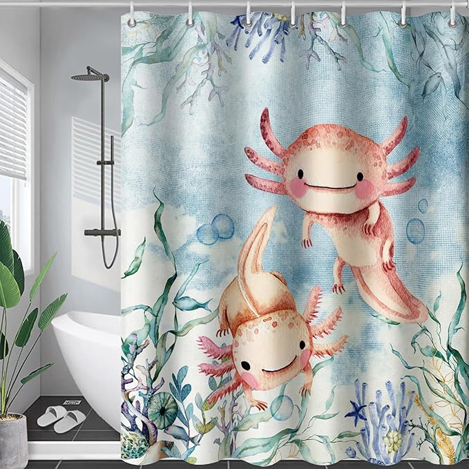 AILONEN Cute Axolotl Shower Curtains,Seaweed Salamander Bath Curtain for Kids Bathroom Decor,Polyester Waterproof with 12 Plastic Hooks 72" W*84" H