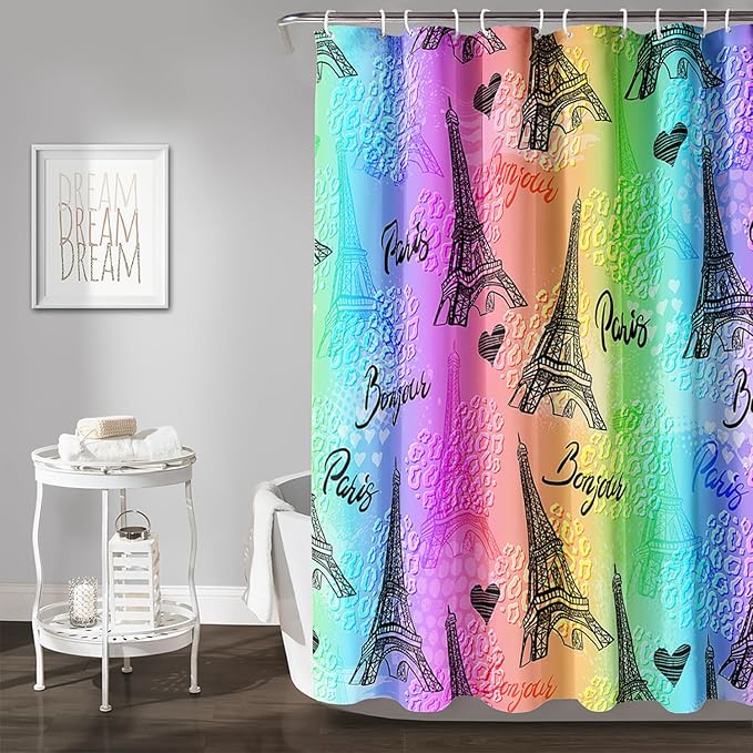 AILONEN Rainbow Shower Curtain for Bathroom, Rainbow Gradient Eiffel Tower Printed Bath Curtain,Women Girls Kids Minimalist Waterproof Fabric Shower Curtain Set with Hooks 72" W*84" H