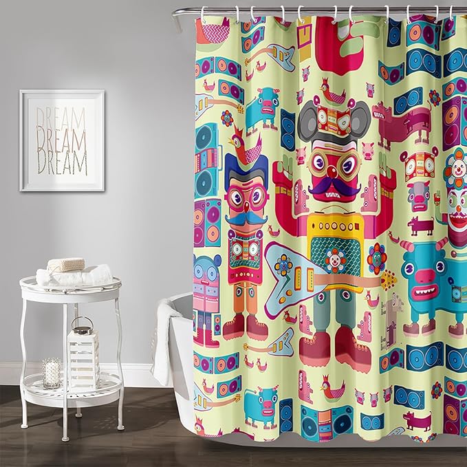 AILONEN Cartoon Robot Shower Curtain Sets,Beautiful Music Guitar Robots Theme Bathroom Decors, 72" W*84" H Cute Shower Curtain for Boys Girls Teens Kids