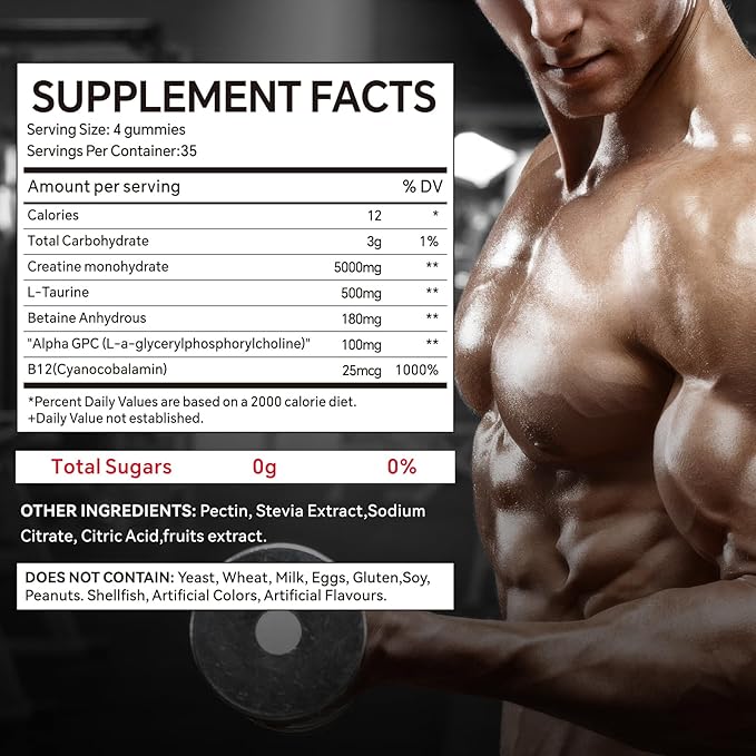 140 Count Creatine Monohydrate Gummies, 5000mg Creatine Monohydrate No Sugar Gummies for Women & Men with L-Taurine, Vitamin B12 for Muscle Strength, Muscle Recovery, Glute Builder, Energy Boost