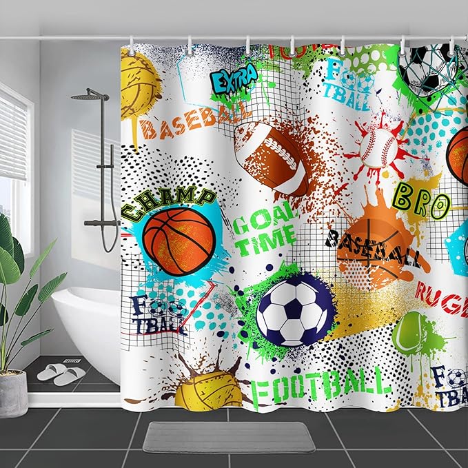 AILONEN Sport Shower Curtain,Graffiti Basketball Football Baseball Rugby Sport Art Bath Curtain Minimalist Bathroom Curtain 72" W*78" H Polyester Waterproof Bathroom Curtain with 12 Hooks
