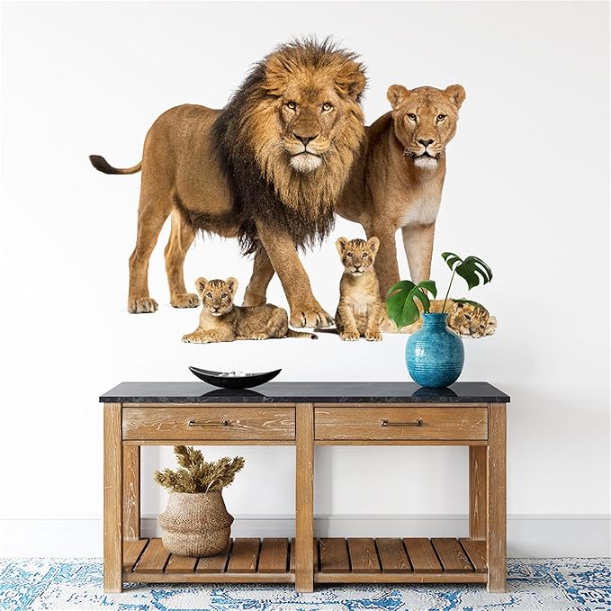 Lion Wall Decals, Vinyl Removable 3D Stickers for Bedroom Nursery Decor - Peel and Stick Cute Baby Girl Boy Toddler Kids Room Art Decoration, Woodland Forest Safari Jungle Mural Waterproof