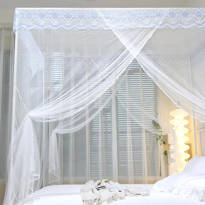 Bed Canopy, Princess Bed Curtain Net for Girls & Adults,Three-Doors Rectangle Lace Dome Netting (White, King)