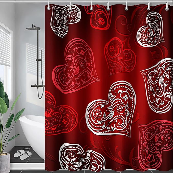 AILONEN Heart Love Shower Curtain for Bathroom, Red and White Floral Hearts Print Bath Curtain,Minimalism Hearts Decoration Shower Curtain Waterproof with 12 Plastic Hooks, 72" W*78" H