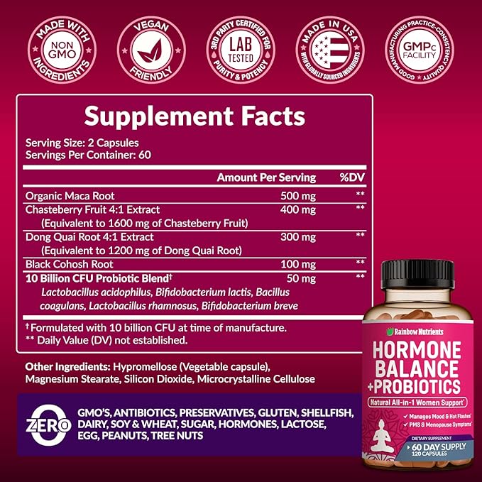 (2 Pack) Hormone Balance + Probiotics for Women (3450mg) Natural Relief for Menopause, Hot Flashes, PMS, Bloating | 4:1 Chasteberry, Dong Quai, Black Cohosh | Non GMO|240 V Capsules