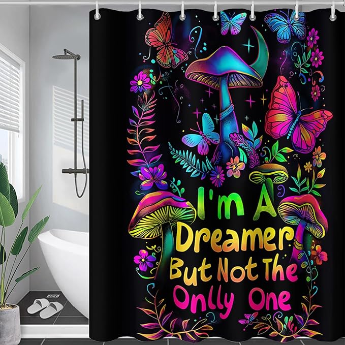 AILONEN Mushroom Shower Curtain,Colorful Butterfly Flower Decoration,Polyester Fabric,Waterproof,Botanical Fungus Plants Black Bath Curtains Washable,with 12 Plastic Hooks, 60" W x 72" H
